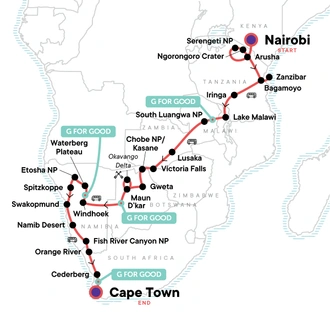 tourhub | G Adventures | Nairobi to Cape Town Overland Safari | Tour Map