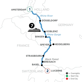 tourhub | Avalon Waterways | Active & Discovery on the Rhine with 1 Night in Amsterdam & 2 Nights in Lucerne (Southbound) (Panorama) | Tour Map