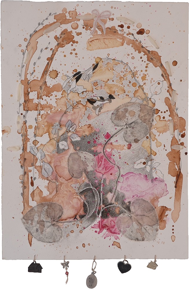artwork of pressed flowers using inks, graphite and charcoal