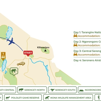 tourhub | Beach and Safari Holidays | Ultimate Tanzanian Safari: Tarangire, Ngorongoro, and Serengeti | Tour Map