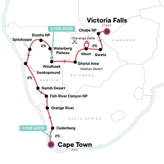 tourhub | G Adventures | Victoria Falls to Cape Town Overland Safari | Tour Map