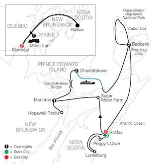 tourhub | Globus | Wonders of the Maritimes & Scenic Cape Breton with Ocean Train to Montreal | Tour Map