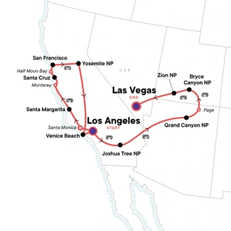 tourhub | G Adventures | USA Road Trip — Highway 1, Yosemite & Utah | Tour Map