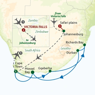 tourhub | Saga Holidays | Victoria Falls and Safari Tour with a South African Coastline Cruise | Tour Map