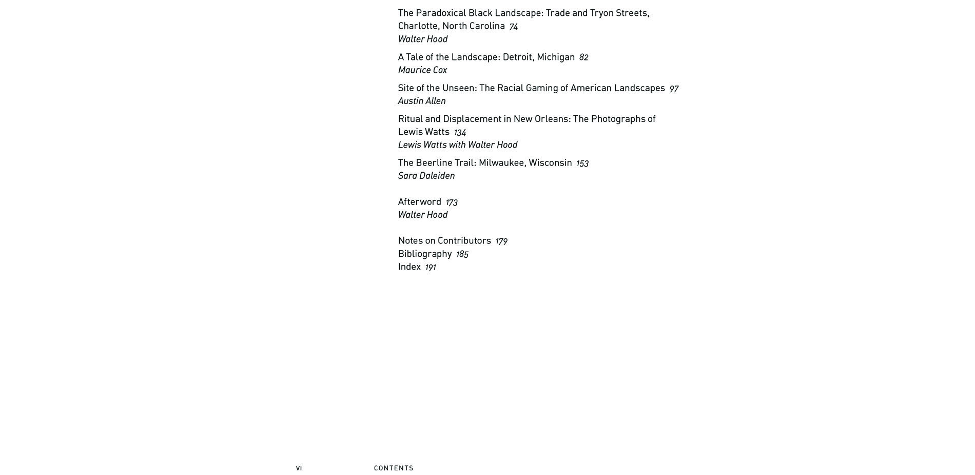 Black Landscapes Matter, Table of Contents, second page