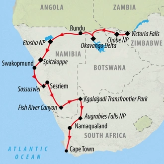 tourhub | On The Go Tours | Southern Africa Falls to Cape - 20 days | Tour Map