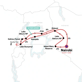 tourhub | G Adventures | Kenya & Uganda Gorilla Overland: Forests & Wildlife Spotting | Tour Map