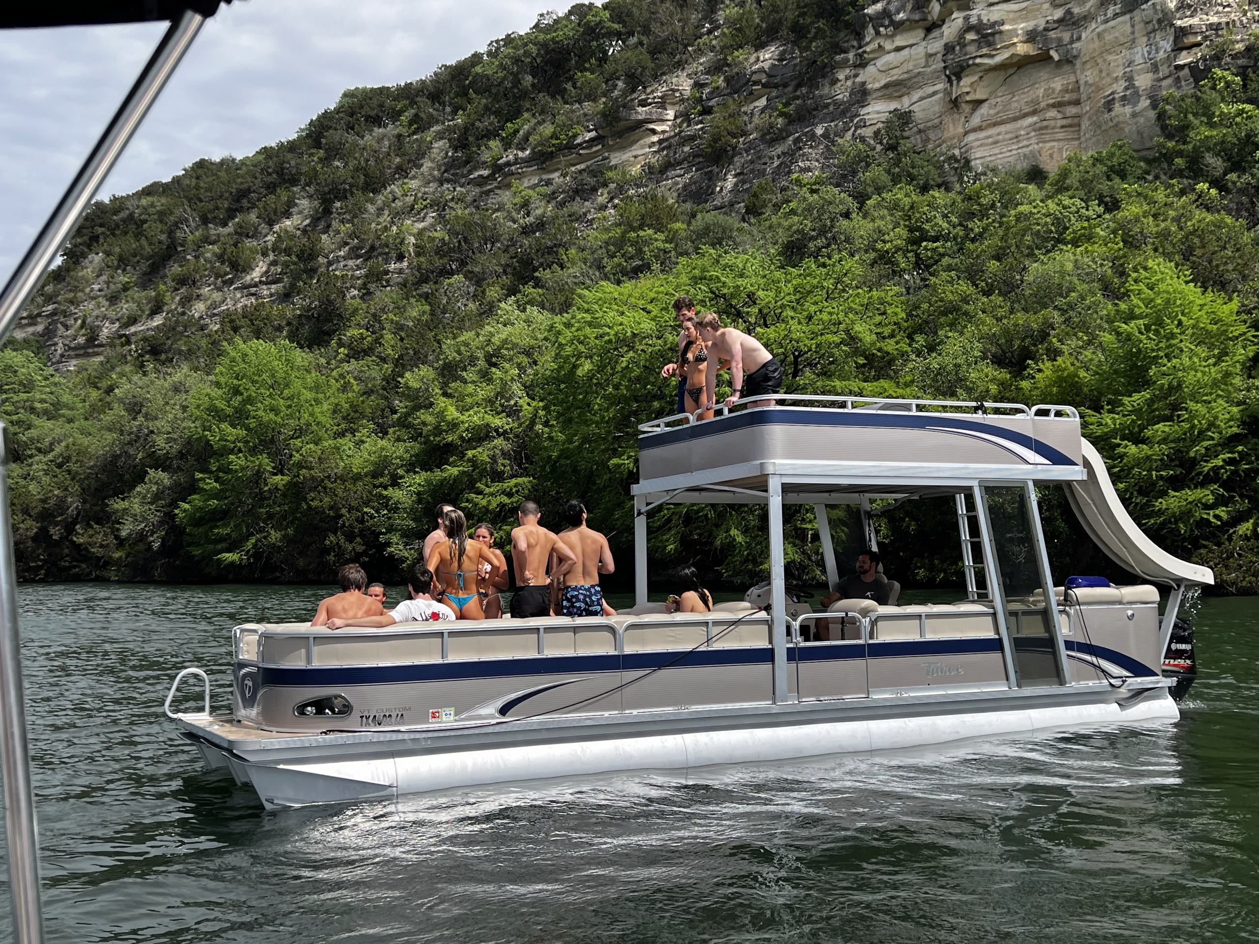 34ft Tahoe VT Double Decker Tritoon Boat with Slide on Lake Austin (Up to 14 Passengers) image 2