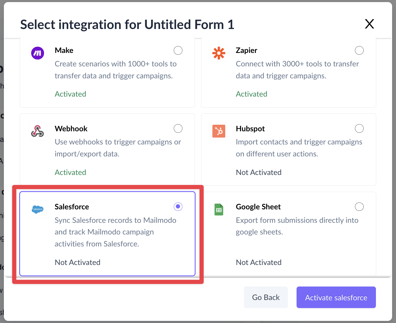 How to export template form submission data to Salesforce?