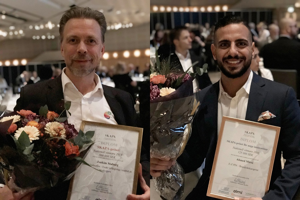 Joakim Staberg och Ahmed Mireé på Science Park-bolagen Coloreel och Progressive Safety blev utsedda till Årets innovatör och Årets unga innovatör för sina innovationer.
