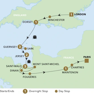 tourhub | Blue-Roads Touring | London to Paris via the Channel Islands 2024 | Tour Map