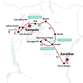 tourhub | G Adventures | Uganda to Tanzania Overland Safari | Tour Map