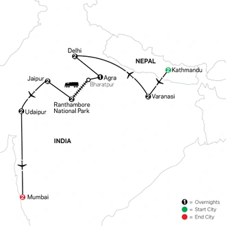 tourhub | Cosmos | India: Land of the Taj & Tigers with Kathmandu, Varanasi, Udaipur & Mumbai | Tour Map