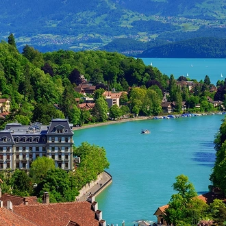 The city of Bern at the foot of the Bernese Oberland.