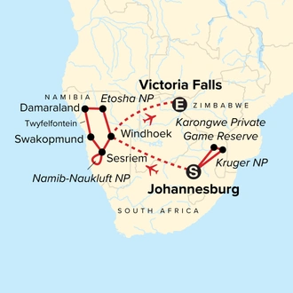 tourhub | G Adventures | Kruger, Victoria Falls & Namibia | Tour Map