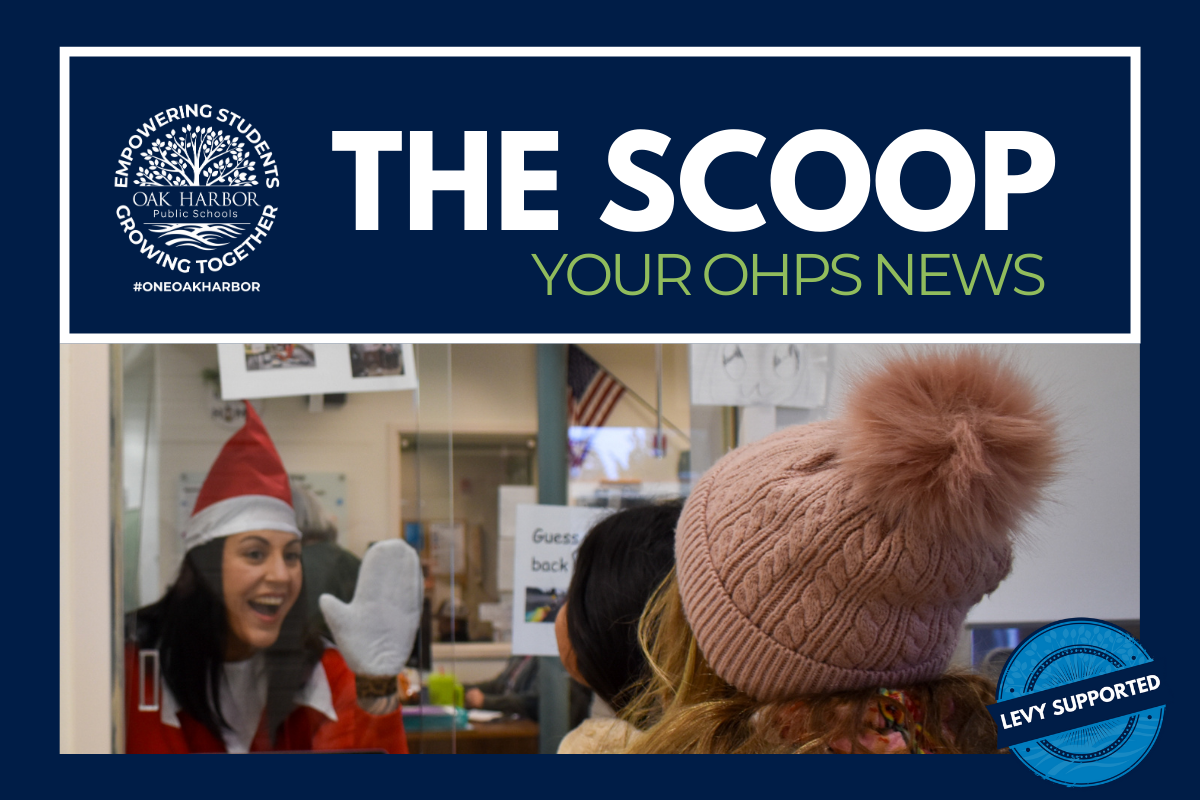 A person wearing a Santa hat waves to someone through a window, with the text 'The Scoop Your OHPS News' above.