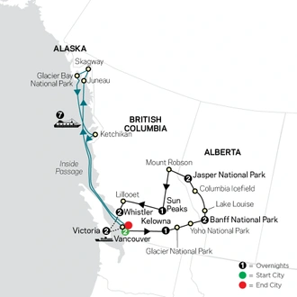 tourhub | Cosmos | The Canadian Rockies with Alaska Cruise | Tour Map