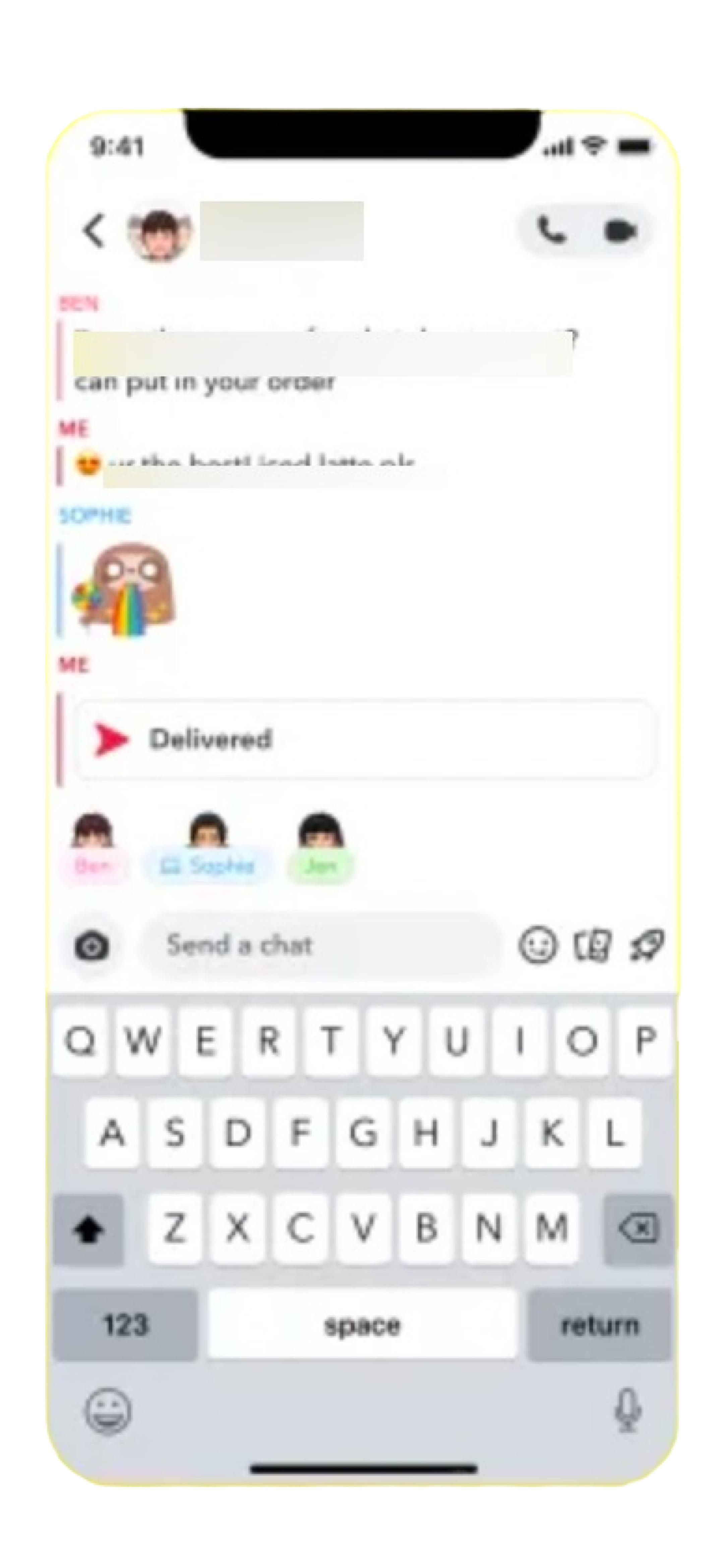 A screenshot illustrating the Chat screen on Snapchat