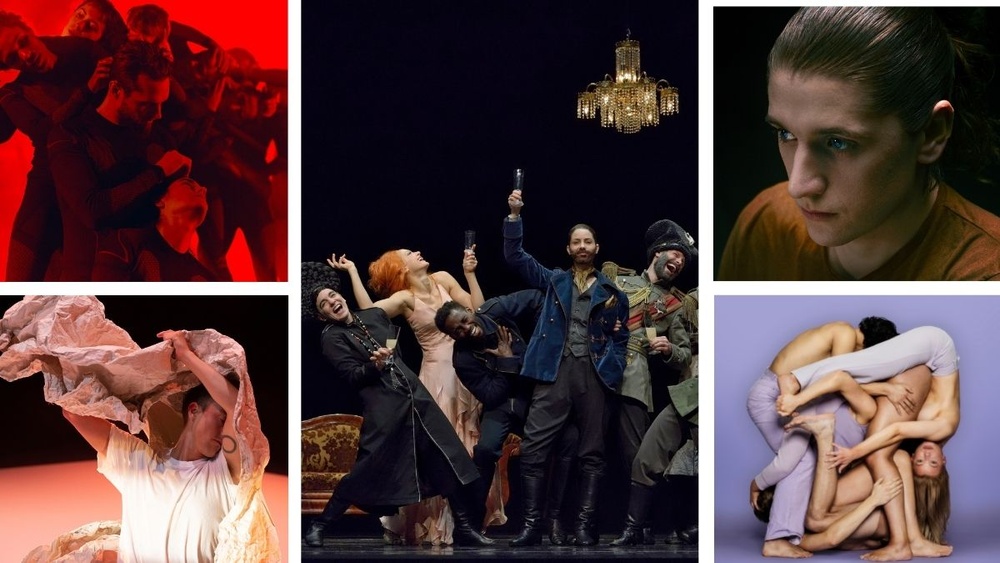 Collage av bilder från gästspel som visas på Dansens Hus scener i maj 2022.