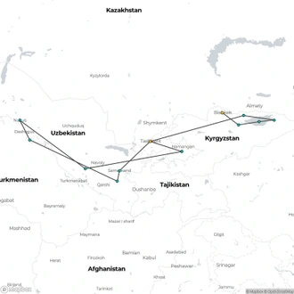 tourhub | Crooked Compass | Treasures of Uzbekistan &#038; Kyrgyzstan &#8211; LUXURY RAIL | Tour Map