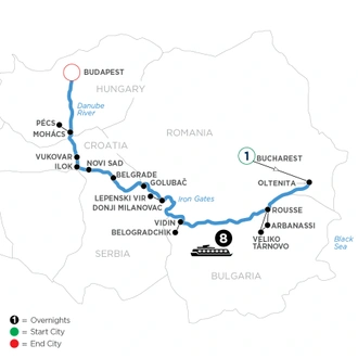 tourhub | Avalon Waterways | The Danube from Romania to Budapest with 1 Night in Bucharest (Passion) | Tour Map