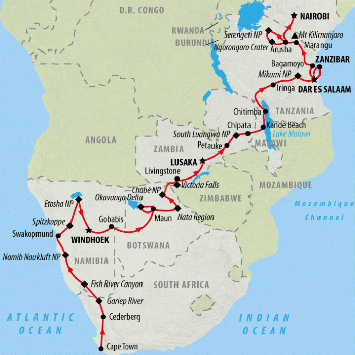 tourhub | On The Go Tours | The Big Overlander Northbound (Accommodated) - 41 days | Tour Map