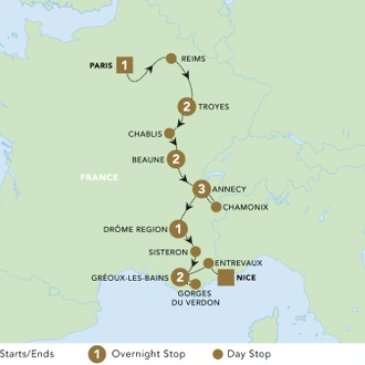 tourhub | Blue-Roads Touring | Paris to Nice Through Vineyards and Mountains 2025 | Tour Map