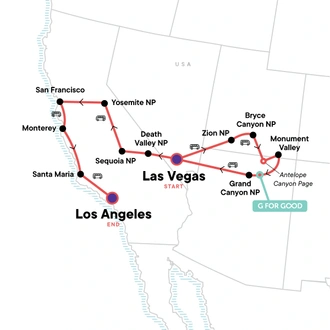tourhub | G Adventures | Vegas & California - National Parks & Highway 1 Adventure | Tour Map