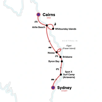 tourhub | G Adventures | Most of the Coast: Sydney to Cairns | Tour Map