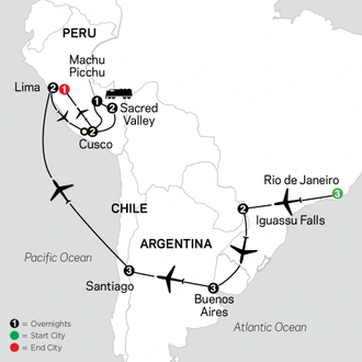 tourhub | Cosmos | Brazil, Argentina & Chile Unveiled with Peru | Tour Map