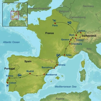 tourhub | Indus Travels | Essential Portugal, Spain, Switzerland and France | Tour Map