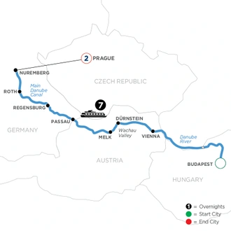 tourhub | Avalon Waterways | The Blue Danube Discovery with 2 Nights in Prague (Illumination) | Tour Map