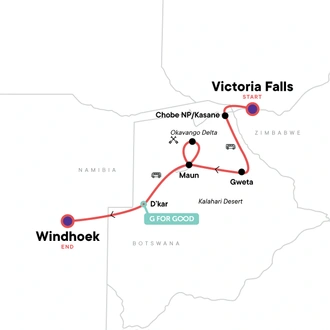 tourhub | G Adventures | Victoria Falls to Windhoek Overland Safari | Tour Map