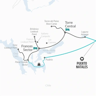 tourhub | Bamba Travel | Torres del Paine Guided W Express Trek 4D/3N | Tour Map