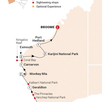tourhub | AAT Kings | Wonders of the Pilbara & West Coast | Tour Map