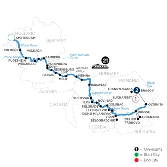 tourhub | Avalon Waterways | Iconic Rivers of Europe - the Rhine, Main & Danube with 1 Night in Bucharest and 2 Nights in Transylvania (Expression) | Tour Map