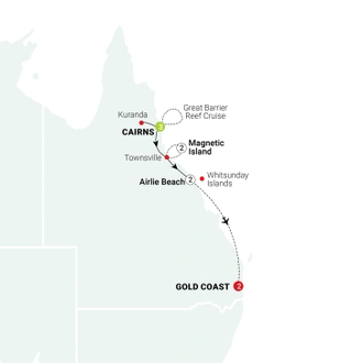 tourhub | AAT Kings | Tropical Queensland: Cairns to the Gold Coast | Tour Map