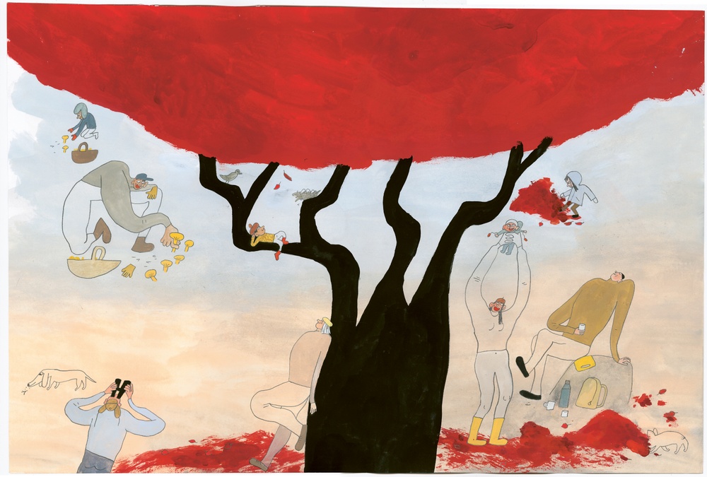 Illustration av Emma AdBåge till boken Naturen, 2020.
Människor under ett träd med röda höstlöv
