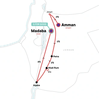 tourhub | G Adventures | Jordan: Ancient Cities, Iconic Petra & Red Sea Swimming | Tour Map