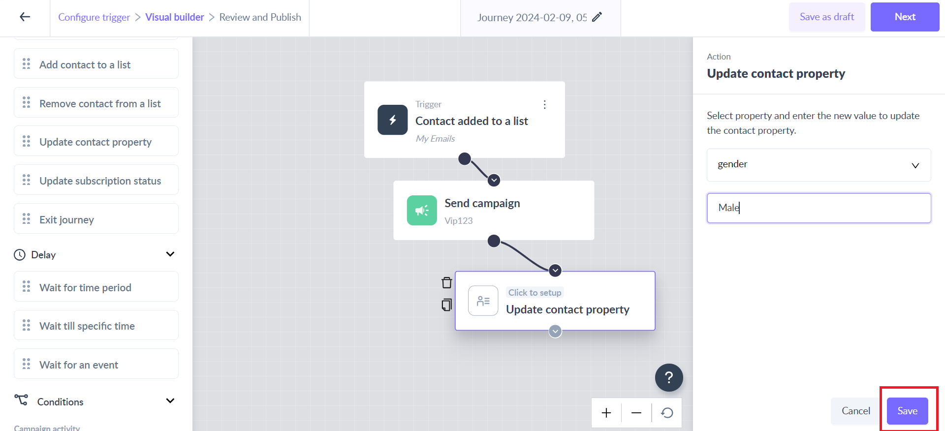 Update contact property as an action in the journey