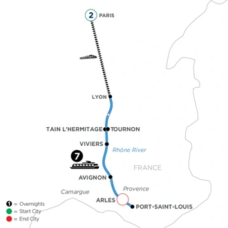 tourhub | Avalon Waterways | Active & Discovery on the Rhône with 2 Nights in Paris (Southbound) (Poetry II) | Tour Map