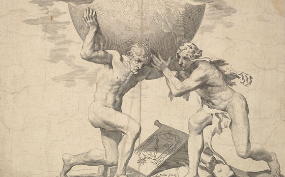 Mythologie d'Hercule face à Atlas.