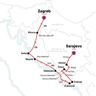 tourhub | G Adventures | Classic Balkans:  Zagreb to Sarajevo | Tour Map