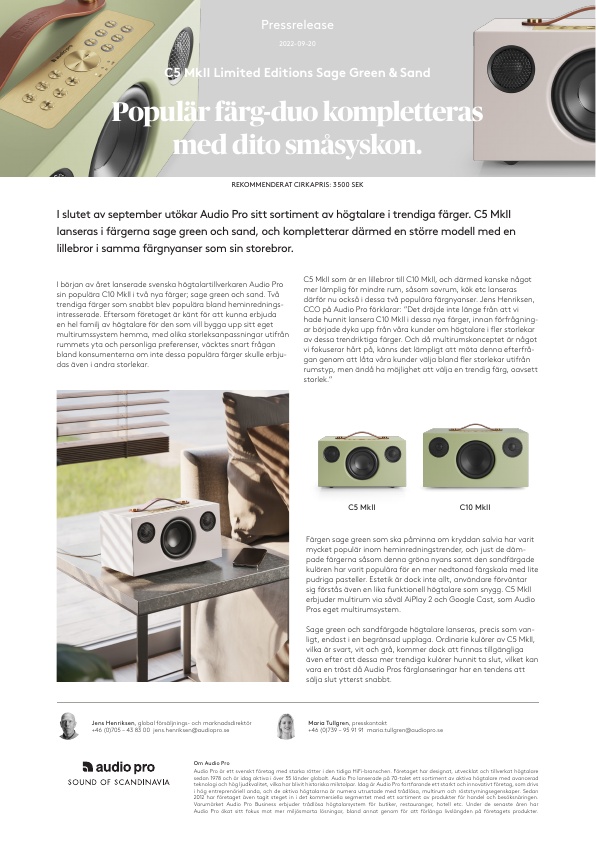 Pressrelease, Audio Pro C5 MkII Sage Green & Sand, Svensk