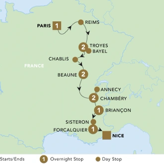 tourhub | Back-Roads Touring | Paris to Nice Through Vineyards and Mountains 2024 | Tour Map