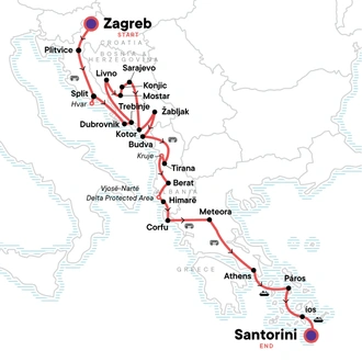 tourhub | G Adventures | Zagreb to Santorini: 35 Unforgettable Days | Tour Map