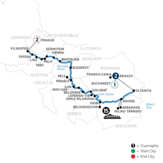 tourhub | Avalon Waterways | The Danube from Romania to Germany with 1 Night in Bucharest, 2 Nights in Transylvania & 2 Nights in Prague (Passion) | Tour Map