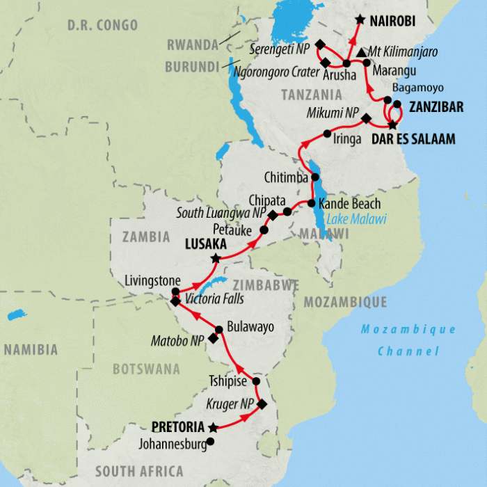 tourhub | On The Go Tours | Kruger to the Serengeti (Accommodated) - 29 days | Tour Map