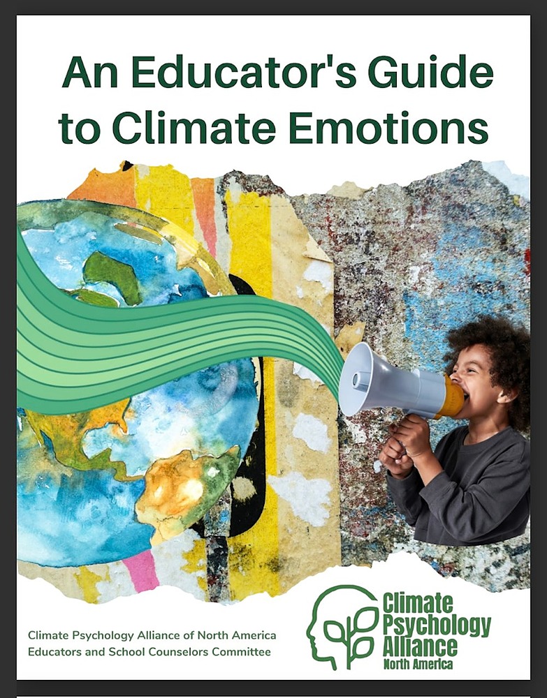 A young kid is speaking into a megaphone and lots of colors come out. This is a book cover titled, "An Educator's Guide to Climate Emotions"