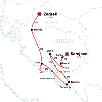 tourhub | G Adventures | Croatia to Bosnia: Bustling Cities & Beautiful Sights | Tour Map